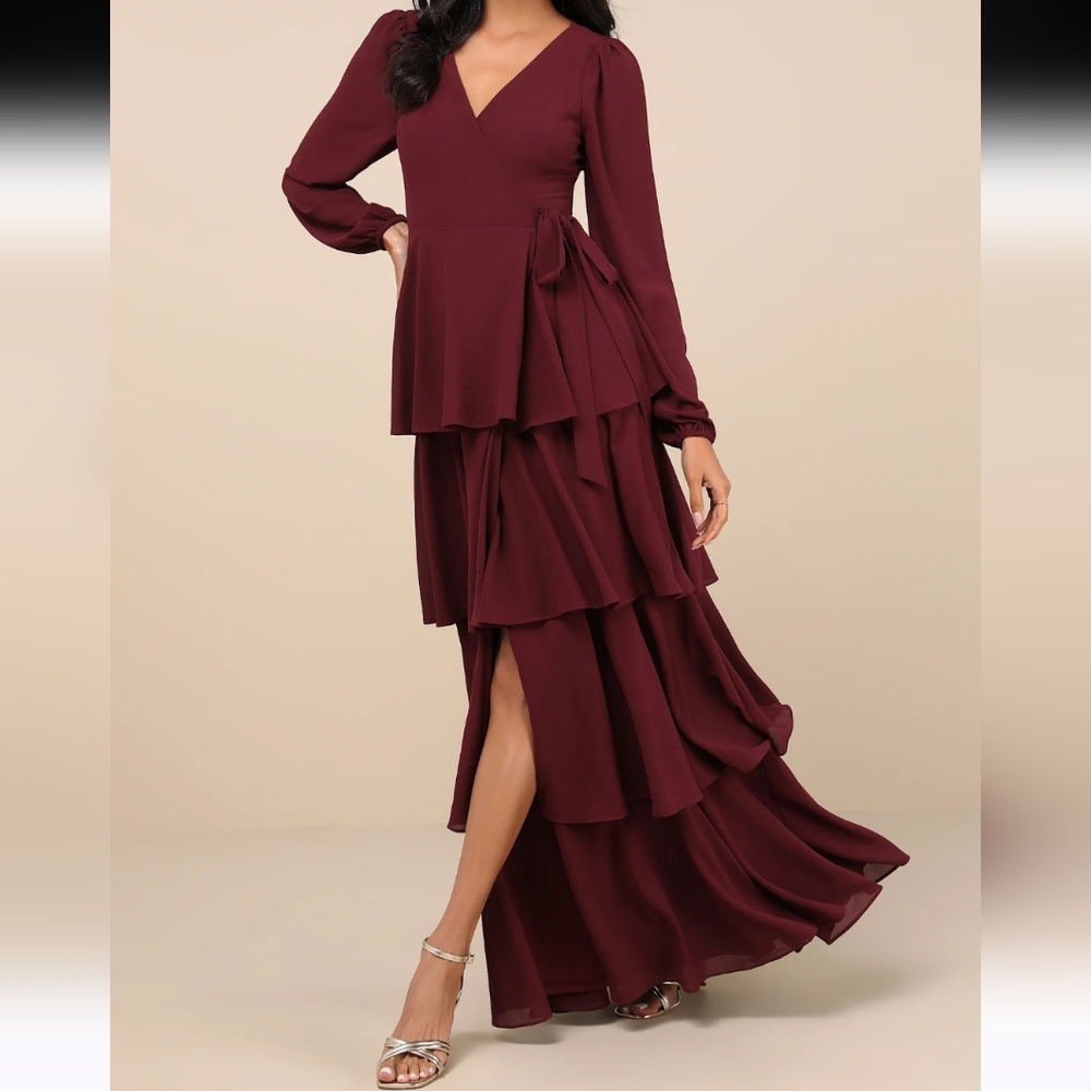 Lulu's Burgundy Long Sleeve Tiered Wrap Maxi Dress